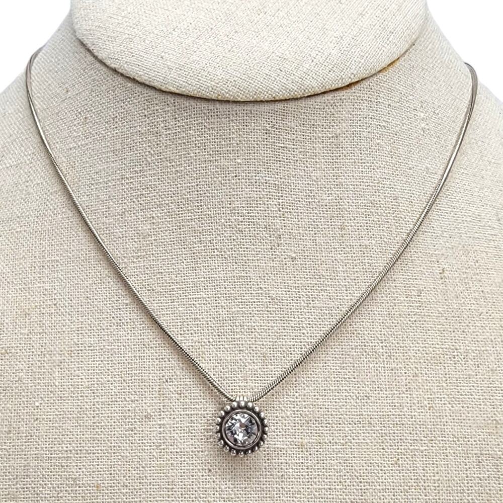 Brighton Silver Tone Clear Crystal Halo Pendant Snake Chain Necklace Heart